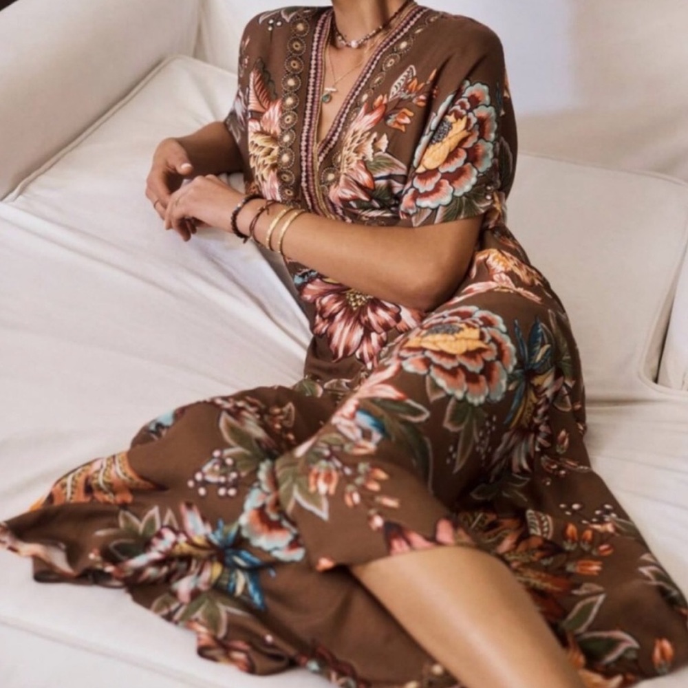 FARM Rio Valentina Anthropologie brown floral dress size XS